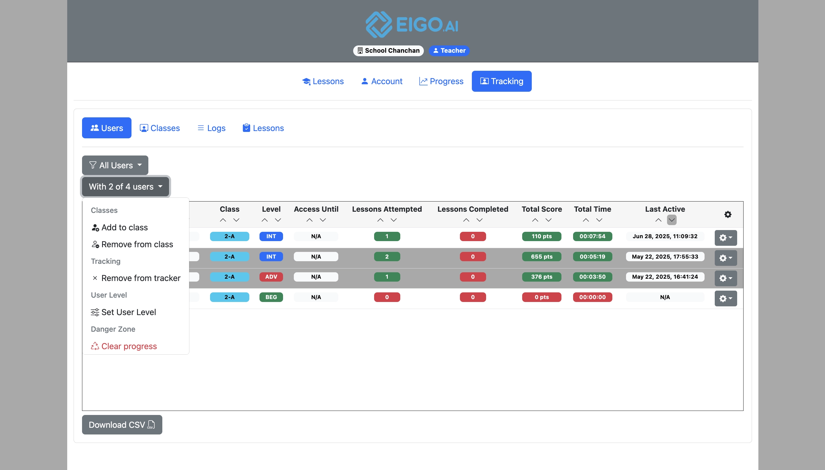 Screenshot for How to set student levels, step 3