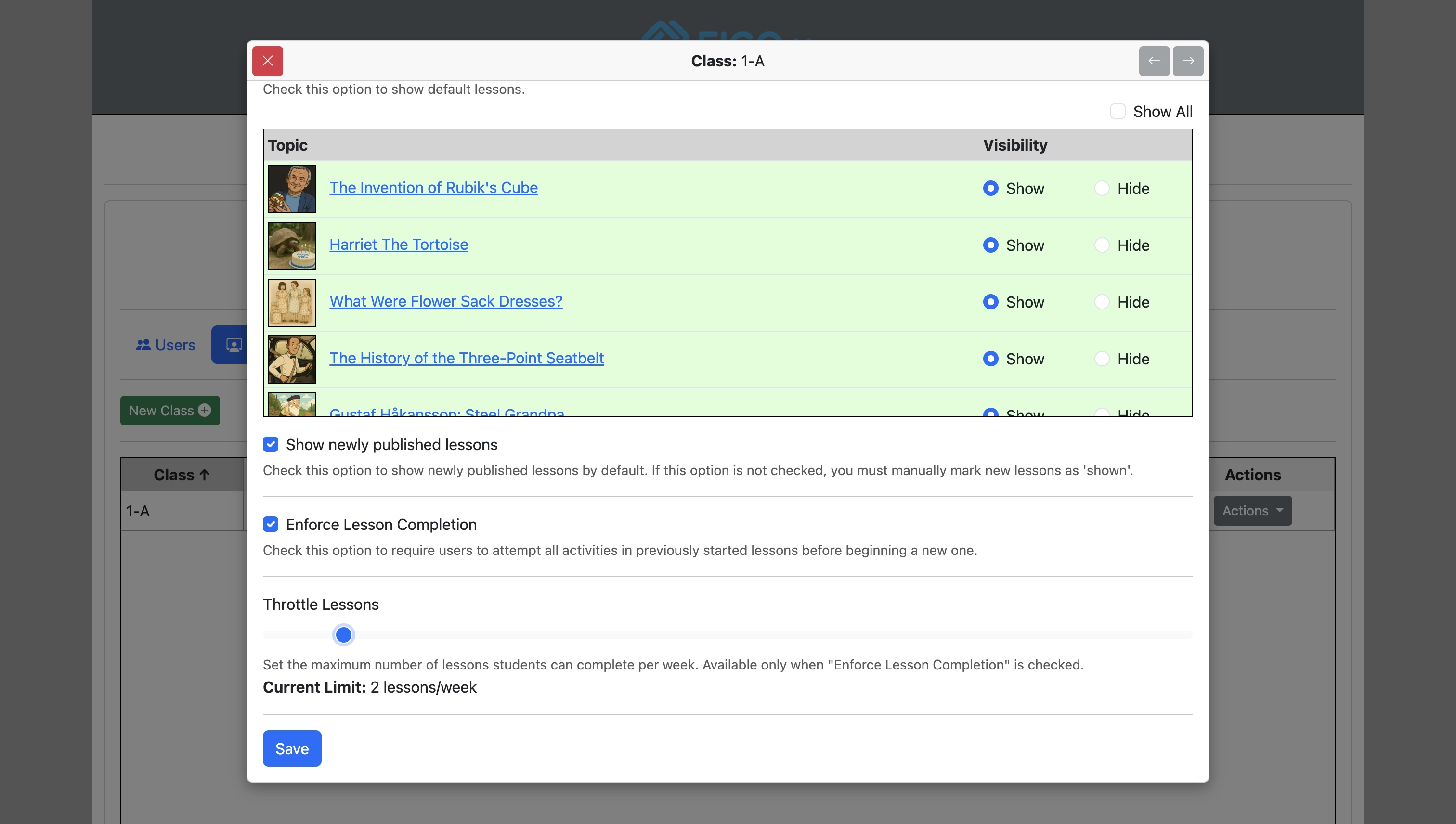 Screenshot for How to override institutional options for specified classes, step 11