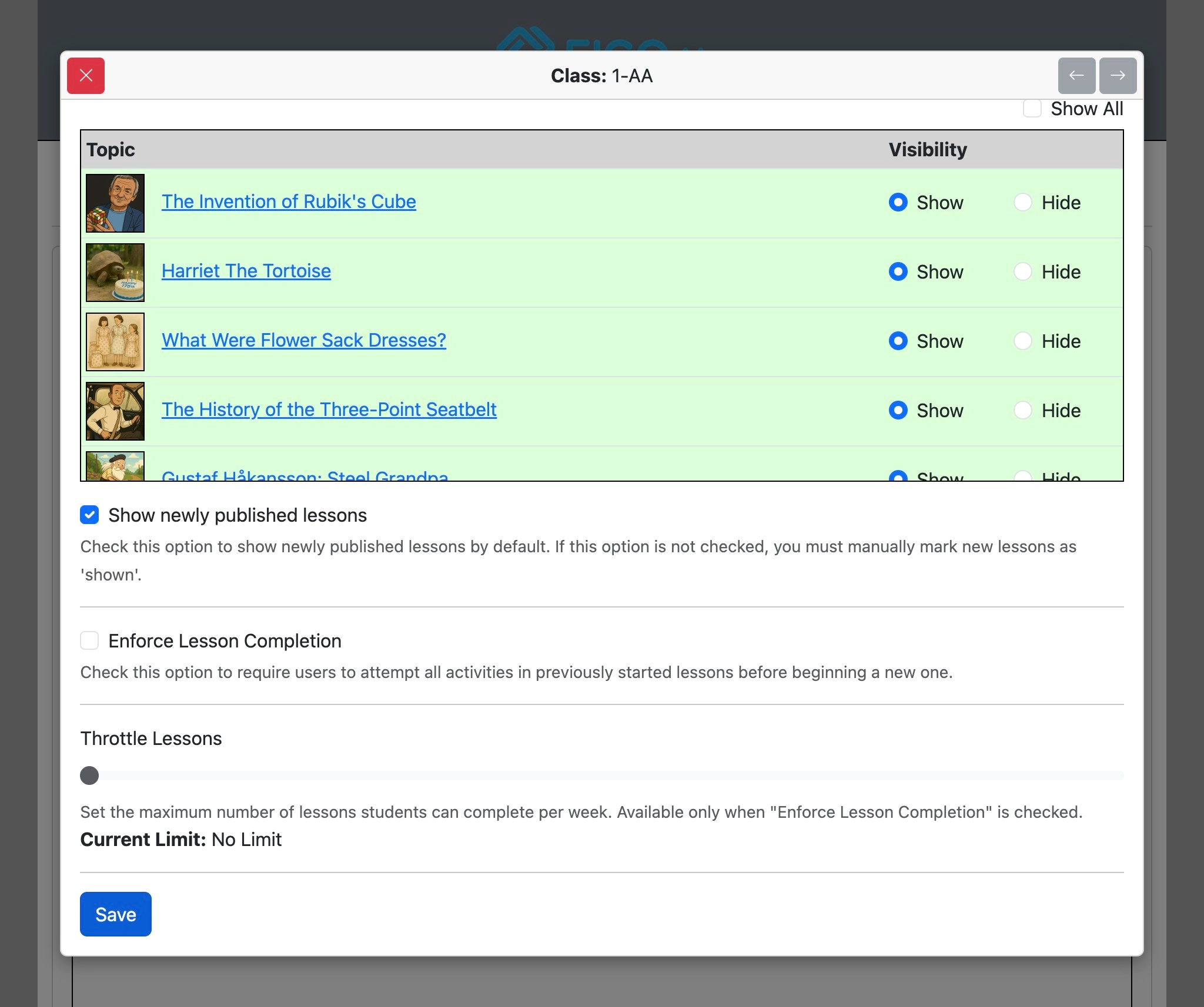 Screenshot for How to override institutional options for specified classes, step 9